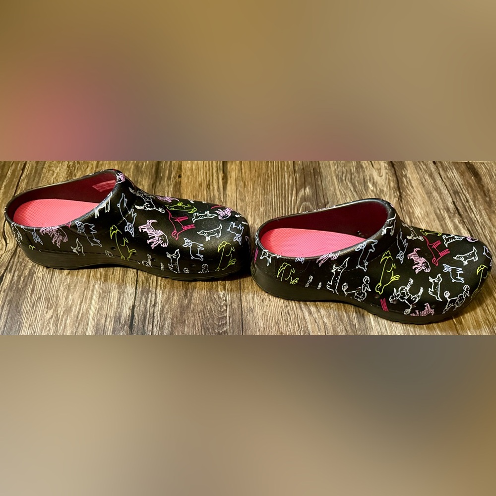 Dansko Black Multicolor Animal Print Mules